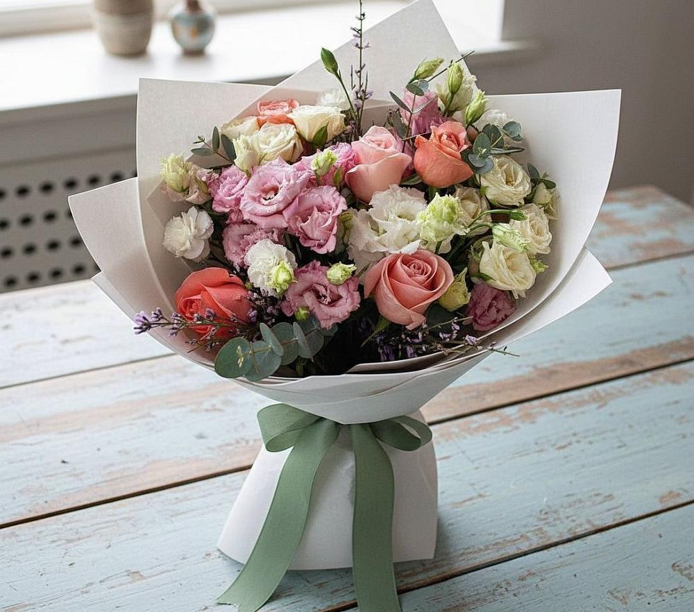 Букет цветов из: Розы, Лизиантусы и Гвоздики в Верейке